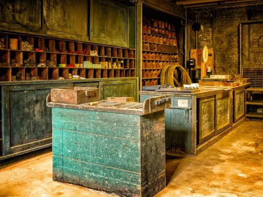 Antico emporio o merceria, con arredi in legno lavorato. Leggi le condizioni di vendita per il sito di Studio Rosa Pristina