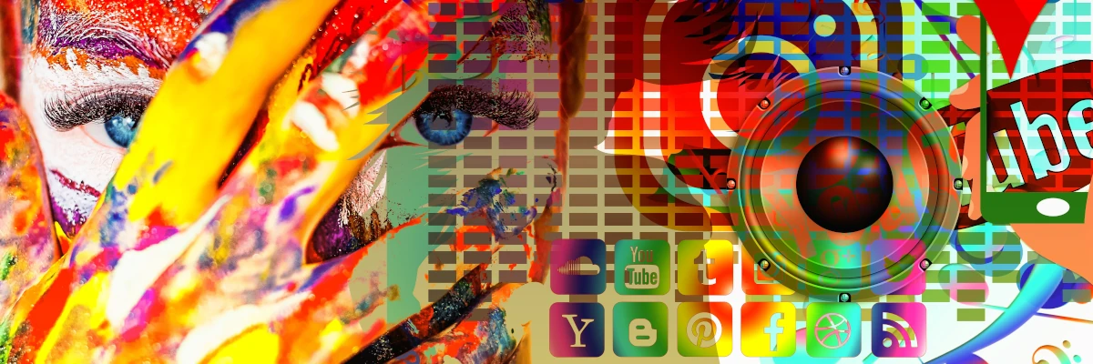 Immagine di fantasia con un volto di ragazza e i simboli dei social network in un tripudio di colori.  Ti accompagniamo nella comunicazione del tuo lavoro