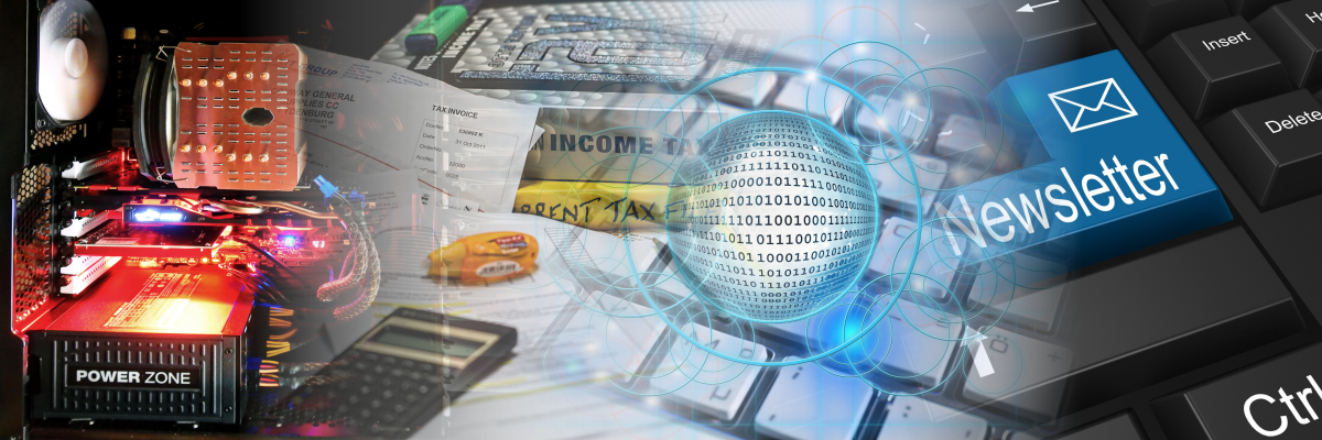 Montaggio di quattro foto: un server informatico, una scrivania da contabile per le fatture, un globo informatico, un tasto Invio con scritto Newsletter. Forniamo software per facilitare le operazioni della tua azienda
