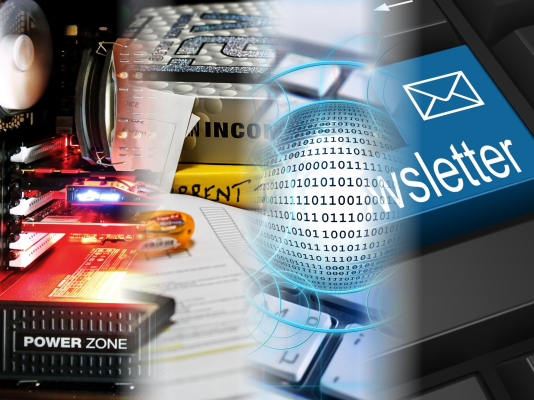 Montaggio di quattro foto: un server informatico, una scrivania da contabile per le fatture, un globo informatico, un tasto Invio con scritto Newsletter. Forniamo software per facilitare le operazioni della tua azienda