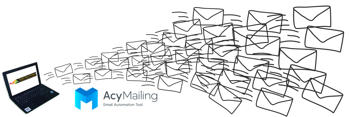 Montaggio: un notebook da quale partono tantissime buste. AcyMailing è un ottimo strumento per inviare newsletter e comunicazioni, che permette statistiche ed analisi