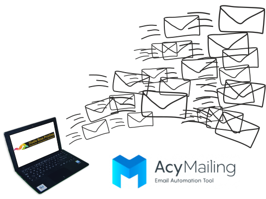 Montaggio: un notebook da quale partono tantissime buste. AcyMailing è un ottimo strumento per inviare newsletter e comunicazioni, che permette statistiche ed analisi