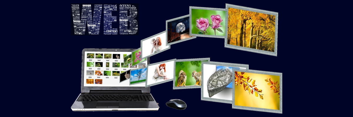 Siti web autoriali, mica fatti da un algoritmo! Computer portatile dal quale fuoriescono fotogrammi con immagini varie, sormontate dalla scritta Web