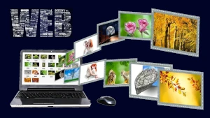 Computer portatile dal quale fuoriescono fotogrammi con immagini varie, sormontate dalla scritta Web