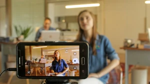 Lo schermo di un cellulare mentre riprende una ragazza in uno studio professionale. I tuoi video per il web sono uno strumento formidabile di promozione