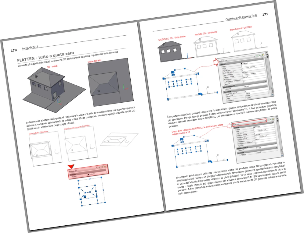 La doppia pagina di un manuale di AutoCAD. Questo manuale di AutoCAD è un esempio dei manuali tecnici realizzati da noi