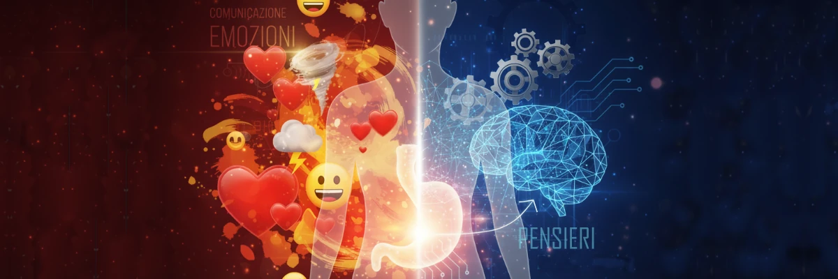 La comunicazione oggi parla alla pancia senza passare né dal cervello né dal cuore Immagine di fantasia con una sagoma umana, cui sovrappone o fonde icone di emozioni con elementi più legati al cervello o alla logica, con un'illuminazione che mette in risalto il lato emotivo. La comunicazione oggi parla alla pancia senza passare né dal cervello né dal cuore