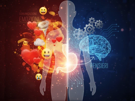 La comunicazione oggi parla alla pancia senza passare né dal cervello né dal cuore Immagine di fantasia con una sagoma umana, cui sovrappone o fonde icone di emozioni con elementi più legati al cervello o alla logica, con un'illuminazione che mette in risalto il lato emotivo. La comunicazione oggi parla alla pancia senza passare né dal cervello né dal cuore