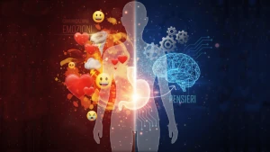 Immagine di fantasia con una sagoma umana, cui sovrappone o fonde icone di emozioni con elementi più legati al cervello o alla logica, con un'illuminazione che mette in risalto il lato emotivo. La comunicazione oggi parla alla pancia senza passare né dal cervello né dal cuore
