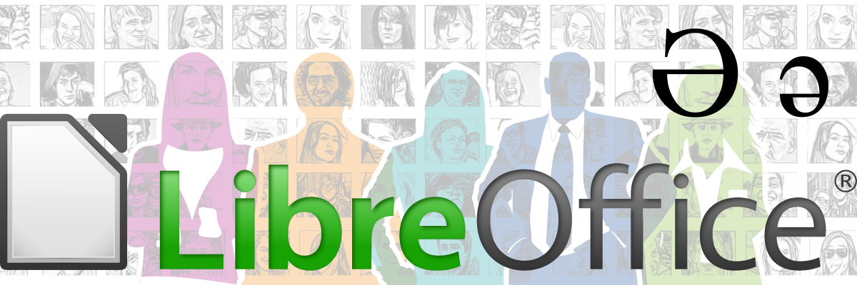 Profili colorati di uomini e donne. Sullo sfondo, una serie di foto di uomini e donne. In primo piano, il logo di LibreOffice e la scevà sia maiuscola sia minuscola. Come inserire la scevà (o schwa) in LibreOffice Writer
