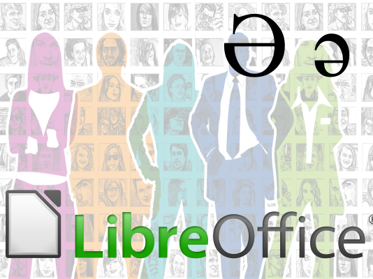 Profili colorati di uomini e donne. Sullo sfondo, una serie di foto di uomini e donne. In primo piano, il logo di LibreOffice e la scevà sia maiuscola sia minuscola. Come inserire la scevà (o schwa) in LibreOffice Writer