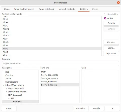 Nella scheda Tastiera della finestra Personalizza sono presenti i riquadri Tasti di scelta rapida, Categoria, Funzione e Tasti. I pulsanti d'opzione LibreOffice e Writer. I pulsanti Cambia, Elimina, Carica, Salva e Ripristina. Infine, i pulsanti globali Aiuto, Ripristina, Annulla e OK. La finestra Personalizza consente di assegnare una scorciatoia da tastiera ad ogni macro