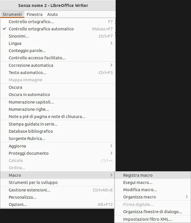 Il comando per iniziare la registrazione della macro si raggiunge dal menu Strumenti → Macro → Registra macro. Per iniziare a registrare la macro, devi dare l'apposito comando da menu