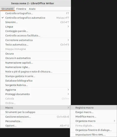 Il comando per iniziare la registrazione della macro si raggiunge dal menu Strumenti → Macro → Registra macro. Per iniziare a registrare la macro, devi dare l'apposito comando da menu