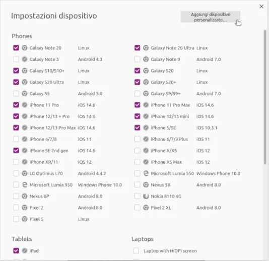 Elenco dei dispositivi disponibili in Firefox e il pulsante Aggiungi dipositivo personalizzato. Oltre ai dispositivi esistenti, puoi inserirne e configurarne di nuovi