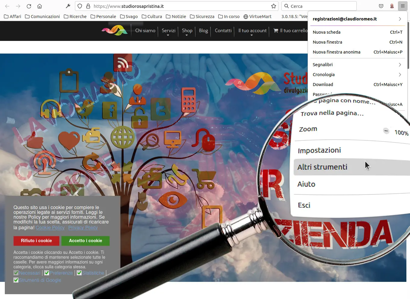 Il sito di Studio Rosa Pristina (vecchia versione): è evidenziato il comando di Firefox Altri strumenti. Firefox dispone di molti strumenti di analisi e di gestione
