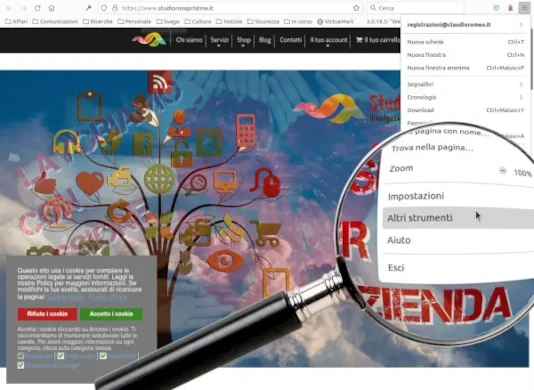Il sito di Studio Rosa Pristina (vecchia versione): è evidenziato il comando di Firefox Altri strumenti. Firefox dispone di molti strumenti di analisi e di gestione