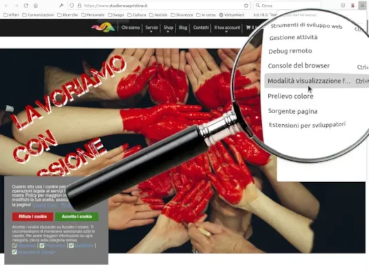 Il sito di Studio Rosa Pristina (vecchia versione): è evidenziato il comando di Firefox Modalità visualizzazione flessibile. Con Firefox è possibile vedere il sito con schermi di dimensioni diverse