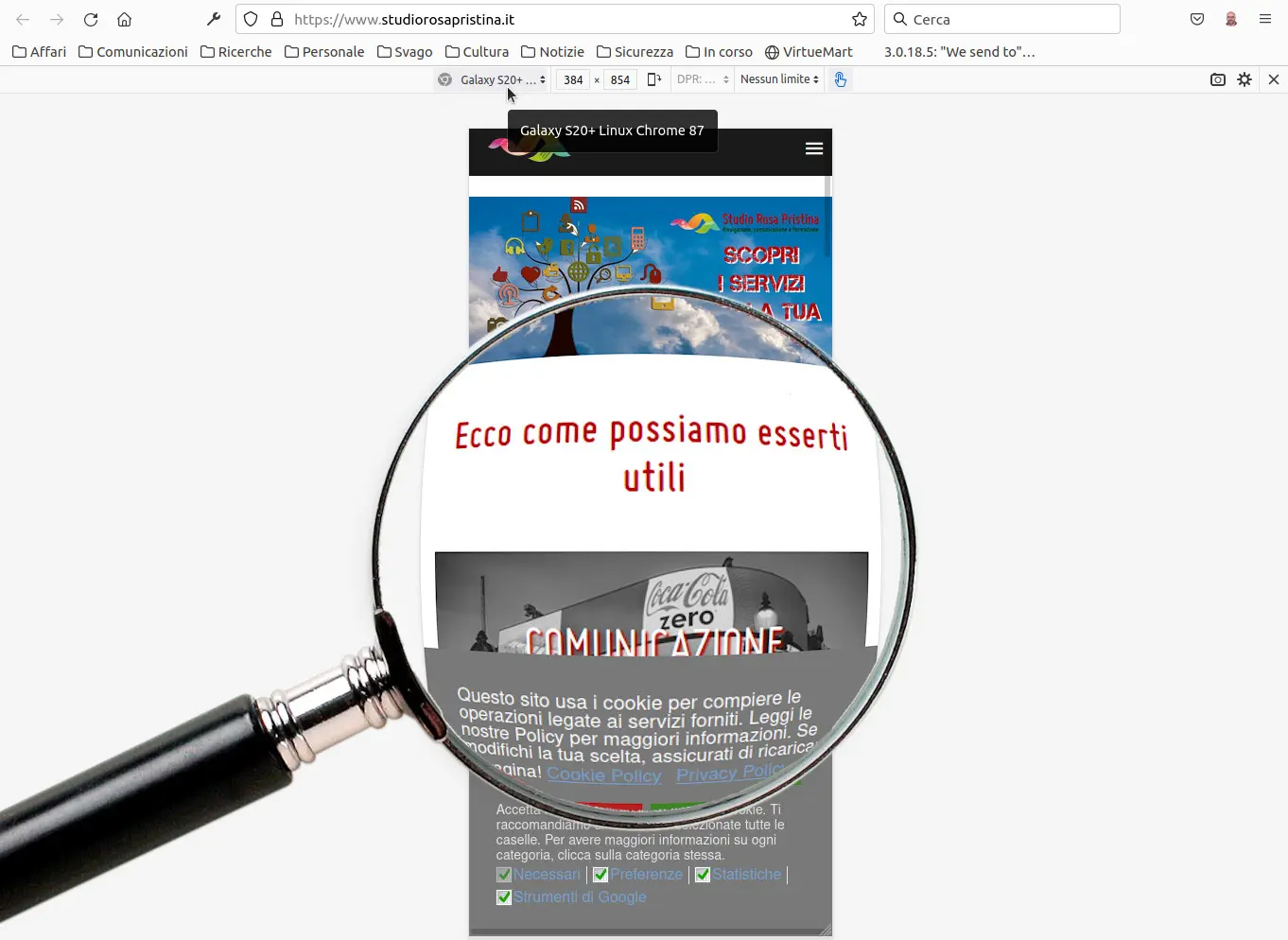 Il sito di Studio Rosa Pristina (vecchia versione): anche se visualizzato con un cellulare emulato, il contenuto fornito è ancora quello per desktop. Anche se le dimensioni sono da cellulare, il contenuto è quello per desktop