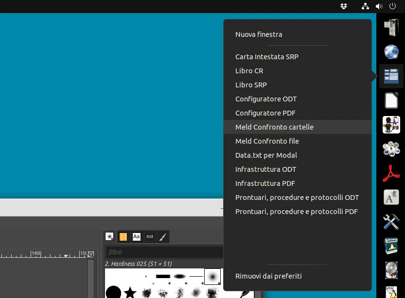 Il sottomenu di un lanciatore personalizzato, con i comandi per aprire i modelli di Meld. Personalizzare i lanciatori di Ubuntu rende la vita più facile