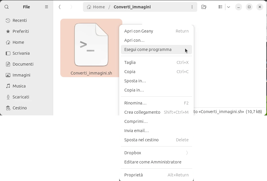 Il menu contestuale dello script. Il puntatore mostra il comando Esegui come programma