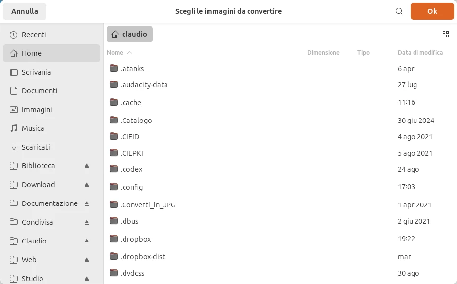 La finestra di file Scegli le immagini da convertire