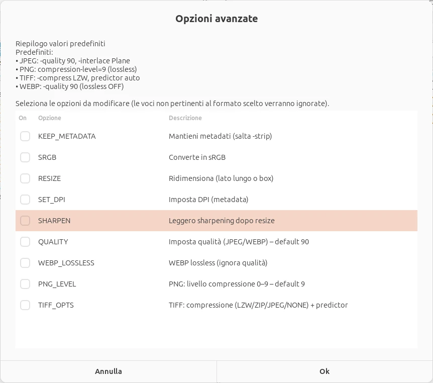La finestra Opzioni avanzate, con le opzioni aggiuntive per la conversione