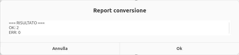 La finestra Report conversione, con il numero dei file convertiti correttamente e degli errori