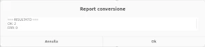 Il rapporto della conversione riporta il numero dei file convertiti correttamente e quello degli errori La finestra Report conversione, con il numero dei file convertiti correttamente e degli errori