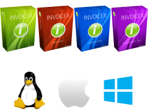 Le scatole di Invoicex e i loghi di Linux, MacOS e Windows