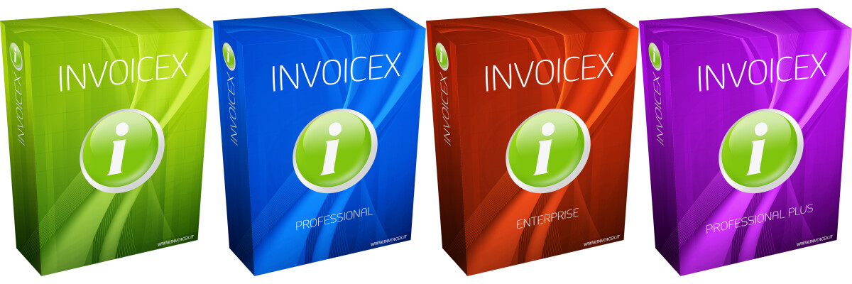 Le quattro scatole che identificano le versioni di Invoicex: verde, blu, rossa e viola